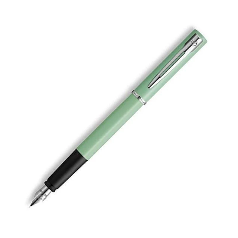 pluma-waterman-allure-verde-pastel-1 Pluma Waterman Allure Verde Pastel con cuerpo liso color verde menta y detalles cromados, plumín de acero inoxidable, presentada en estuche azul elegante Waterman