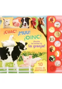 Portada del libro interactivo ¡Cuac! ¡Muu! ¡Oinc! con animales de granja y botones para escuchar sonidos