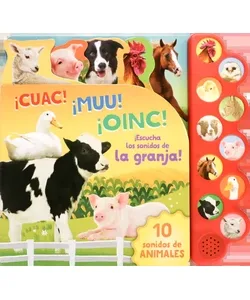 Portada del libro interactivo ¡Cuac! ¡Muu! ¡Oinc! con animales de granja y botones para escuchar sonidos
