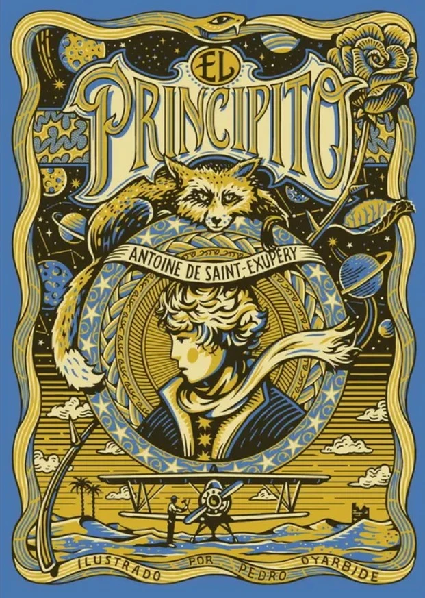 El Principito Edición Ilustrada – portada artística estilo Pedro Oyarbide El Principito edición ilustrada portada artística con estilo detallado en tonos dorados y azules inspirada en la obra de Pedro Oyarbide