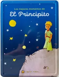 El Principito enlatado portada ilustrada con fondo azul estrellado y figura del principito en diseño metálico de colección
