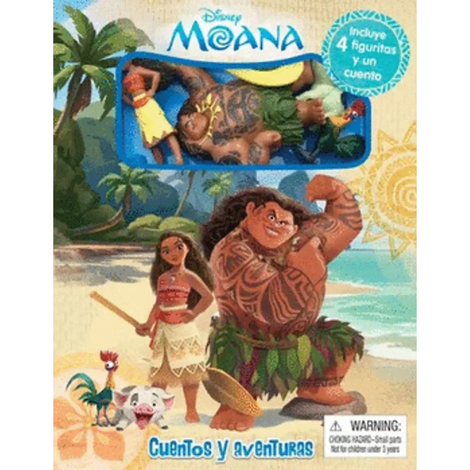 Disney Moana – Cuentos y Aventuras | Libro infantil con figuritas Disney Moana Cuentos y Aventuras, portada del libro infantil con Moana, Maui y figuritas coleccionables