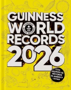 Guinness World Records 2026 portada oficial fondo amarillo con ilustraciones de récords mundiales