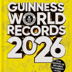 Guinness World Records 2026 portada oficial fondo amarillo con ilustraciones de récords mundiales