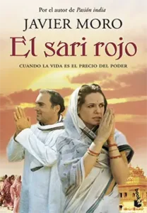 Portada del libro El sari rojo de Javier Moro con pareja en vestimenta tradicional india y fondo de templo al atardecer