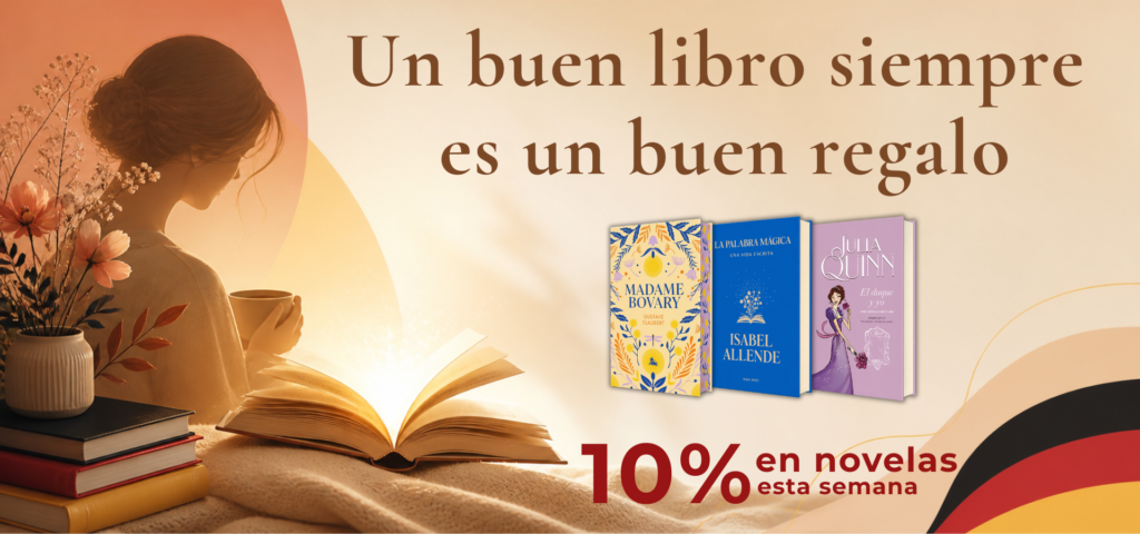 Banner libros novelas mujer leyendo con taza, iluminación cálida y libros abiertos en primer plano Librería Alemana