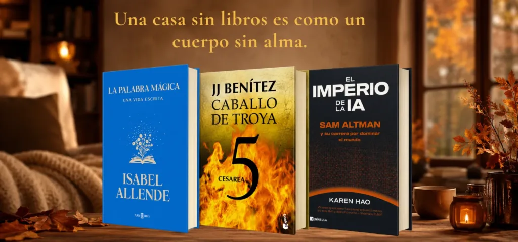 Libros destacados para regalar con obras de Isabel Allende, JJ Benítez y Karen Hao en ambiente otoñal