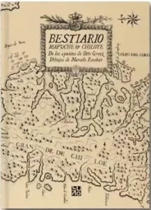 Portada del libro Bestiario Mapuche de Chiloé con ilustración de un mapa antiguo del archipiélago de Chiloé.
