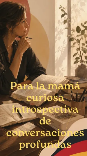 Mamá reflexiva leyendo y escribiendo junto a libros en escritorio iluminado campaña Día de la Madre Librería Alemana